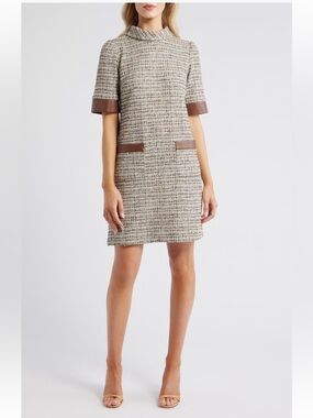 NWT Julia Jordan Faux-Leather-Trim Tweed Shift Dress size 10